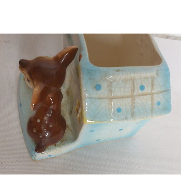 Vintage Arnart Japan Fuzzy Cat And Mom And Doe Planter Japan Set of 2 - Picture 7 of 10